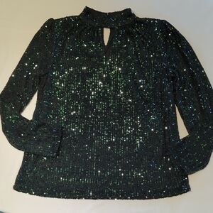 Sparkle Sequin Mock Neck Long Sleeve Top - Black/Green